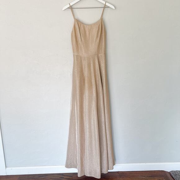 Jules and Cleo Gold Spaghetti Strap Glitter Shine Gown with Slit - Picture 2 of 7